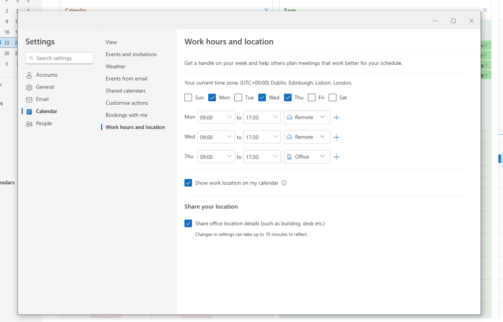 Set work hours and location in Microsoft Outlook